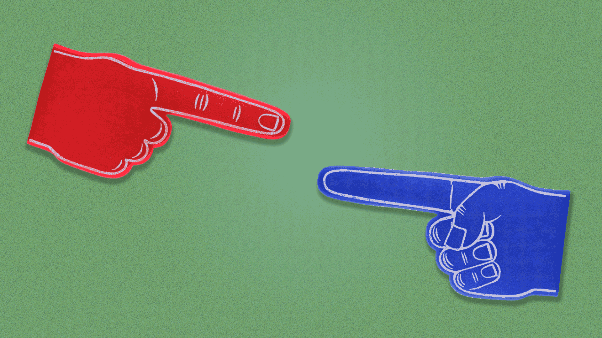 Illustration of one red foam hand and one blue foam hand wagging a finger at each other. 