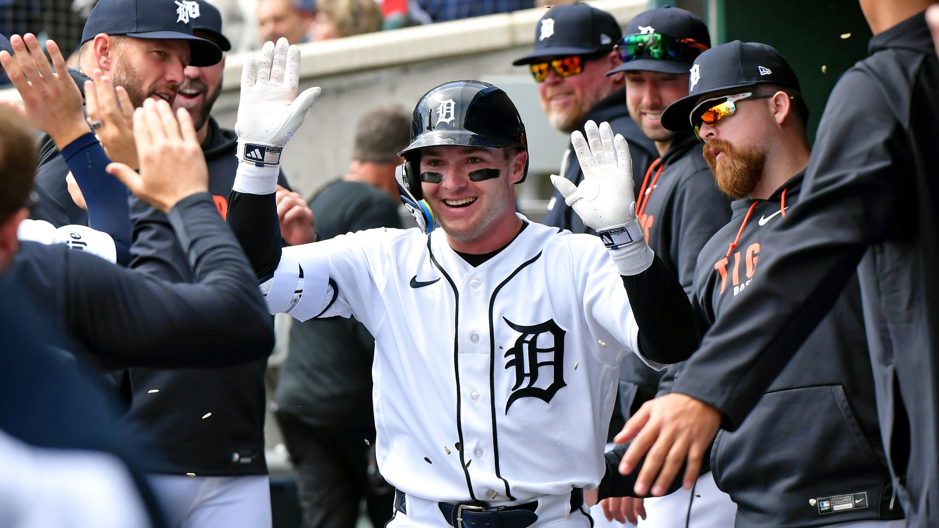 Kevin McGonigle celebrates hitting his first major league home run on Sunday. 