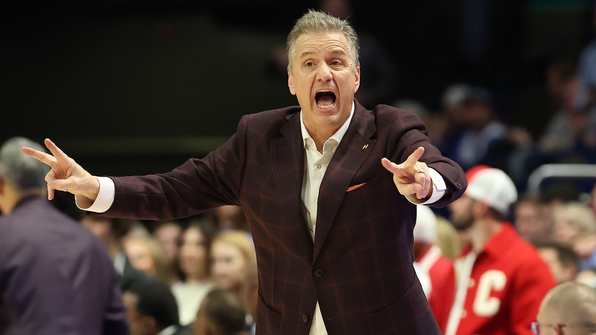 John Calipari the head coach of the Arkansas Razorbacks gives instructions to his team during the game against the Kentucky Wildcats at Rupp Arena on February 01, 2025 in Lexington, Kentucky. 