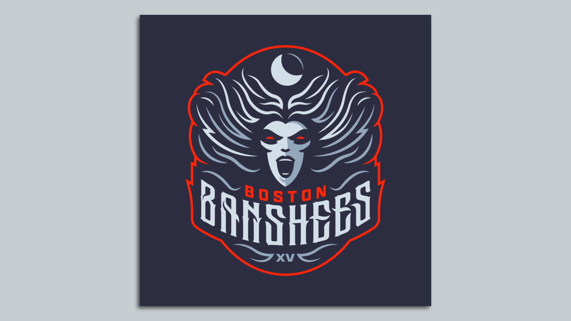 The Boston Banshees' logo, which shows a banshee below a cresent moon, her hair flowing, above the team's name