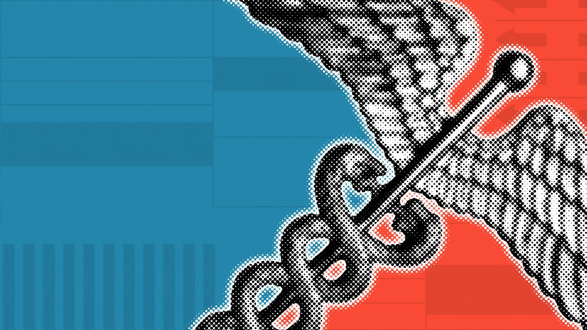 Illustration of a caduceus over a divided red and blue background with elements of ballots.