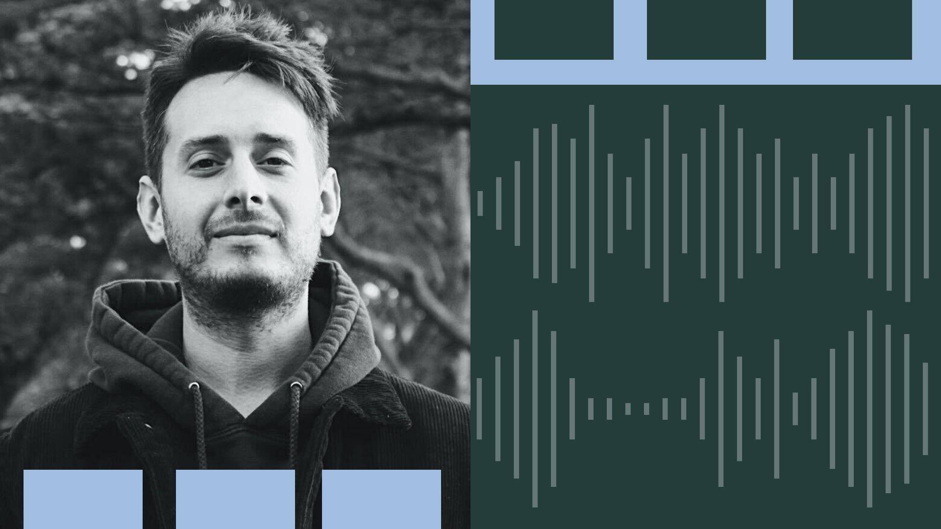 a photo illustration of Starglow Media CEO Jed Baker next to wavelengths and squares