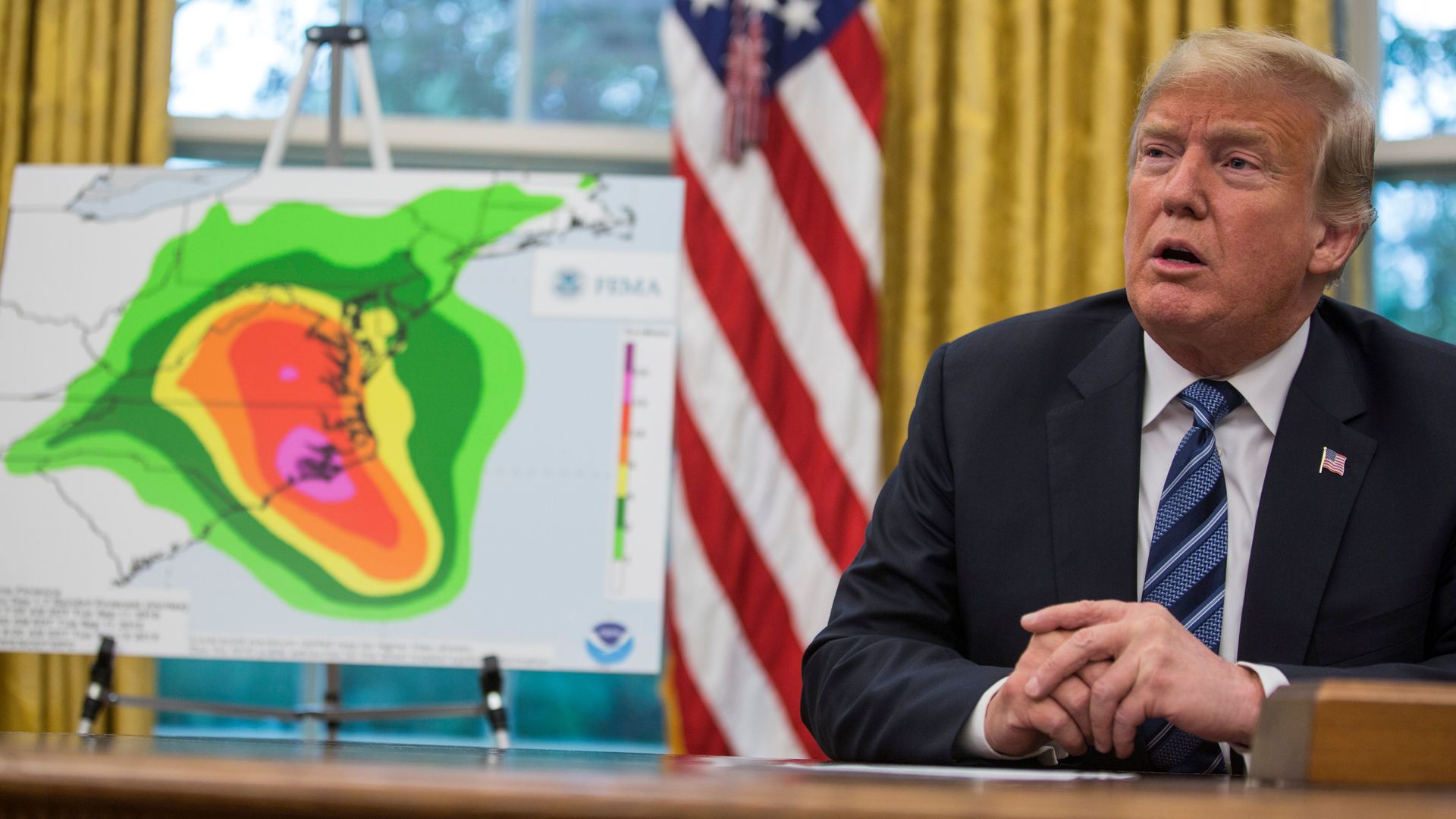President Donald Trump at a briefing on Hurricane Florence in the Oval Office Tuesday. Photo: Zach Gibson /AFP/Getty Images