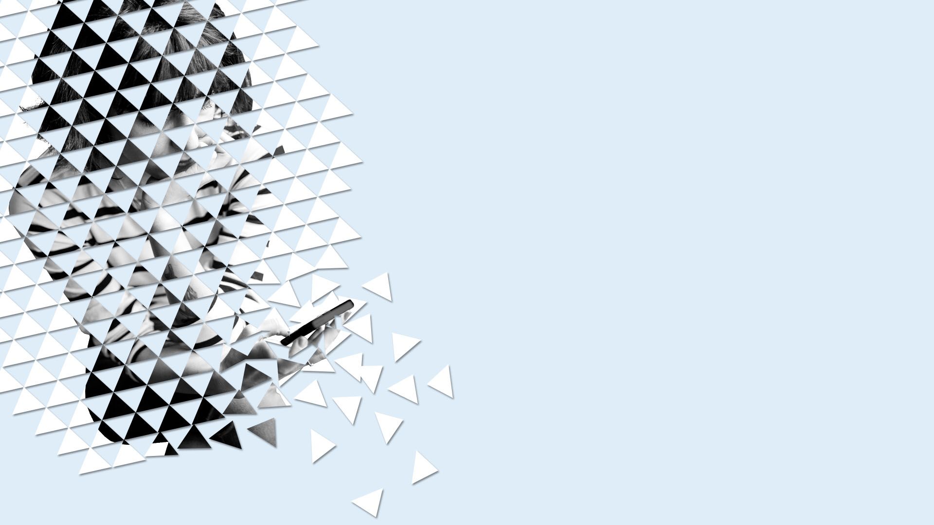 Illustration of black and white photo broken up into pieces