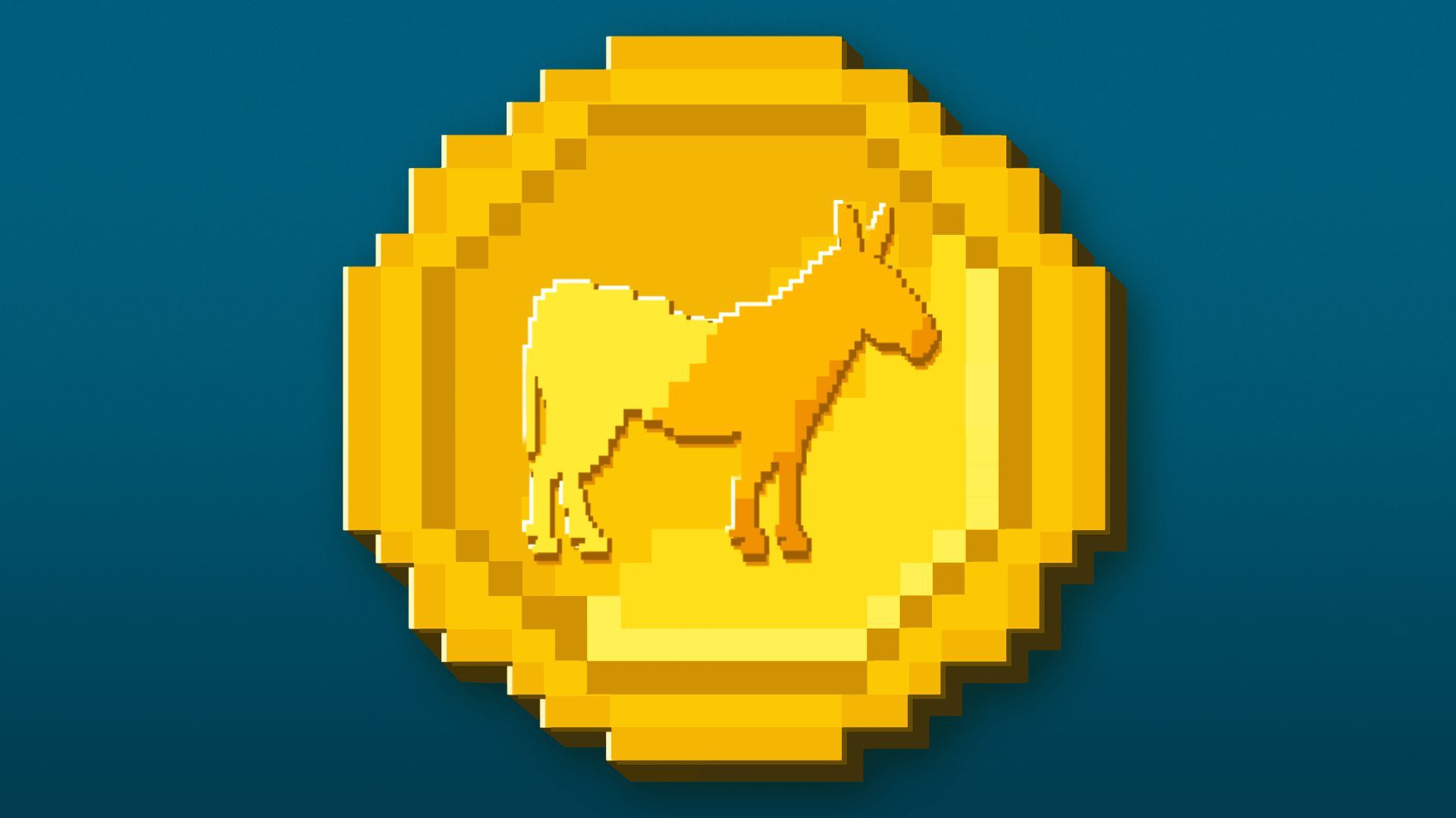 Illustration of a pixelated coin with a donkey in its center
