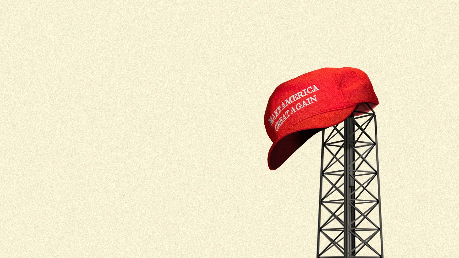 illustration of an oil tower with a MAGA hat on it