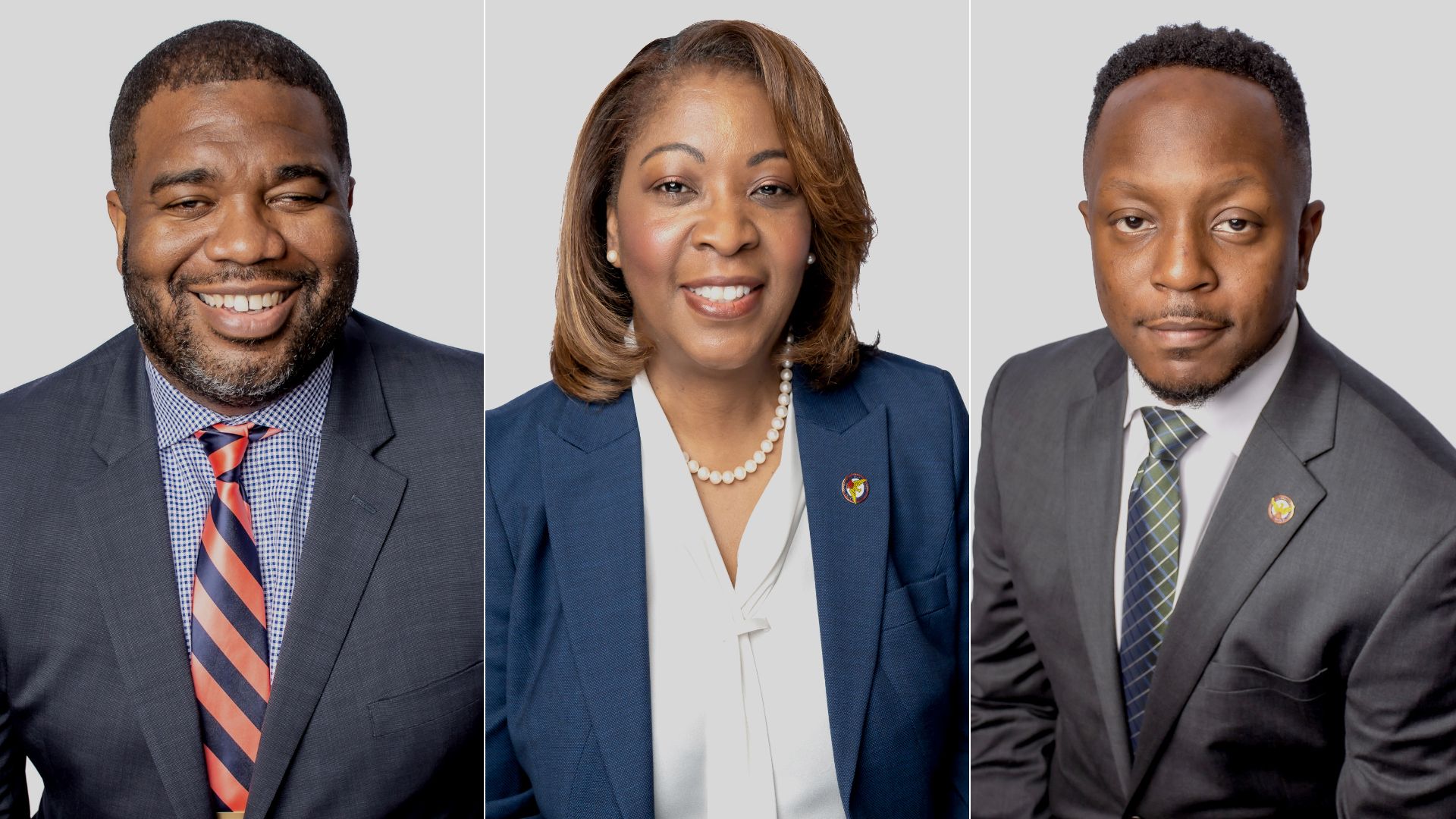 Three headshots of City Hall leaders — two men and one woman