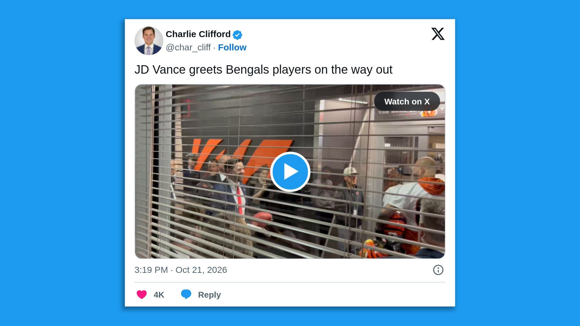 Twitter post by Charlie Clifford with a blue verification badge; caption reads, "JD Vance greets Bengals players on the way out." Video thumbnail shows a crowd behind blinds with a play button.