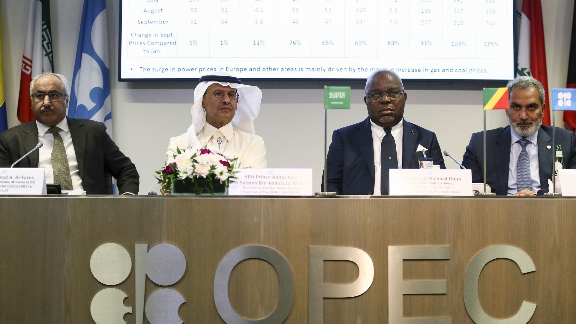 Secretary-General of OPEC Haitham al-Ghais (R) and Saudi Arabia's Minister of Energy Prince Abdulaziz bin Salman Al-Saud (2nd L) hold a press conference