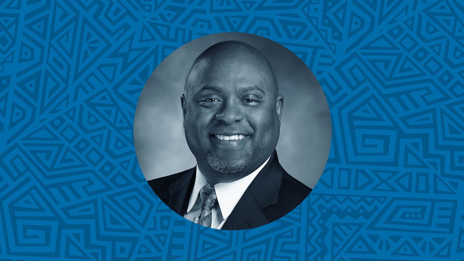 Photo illustration of Joe Scantlebury surrounded by an abstract patterned background.