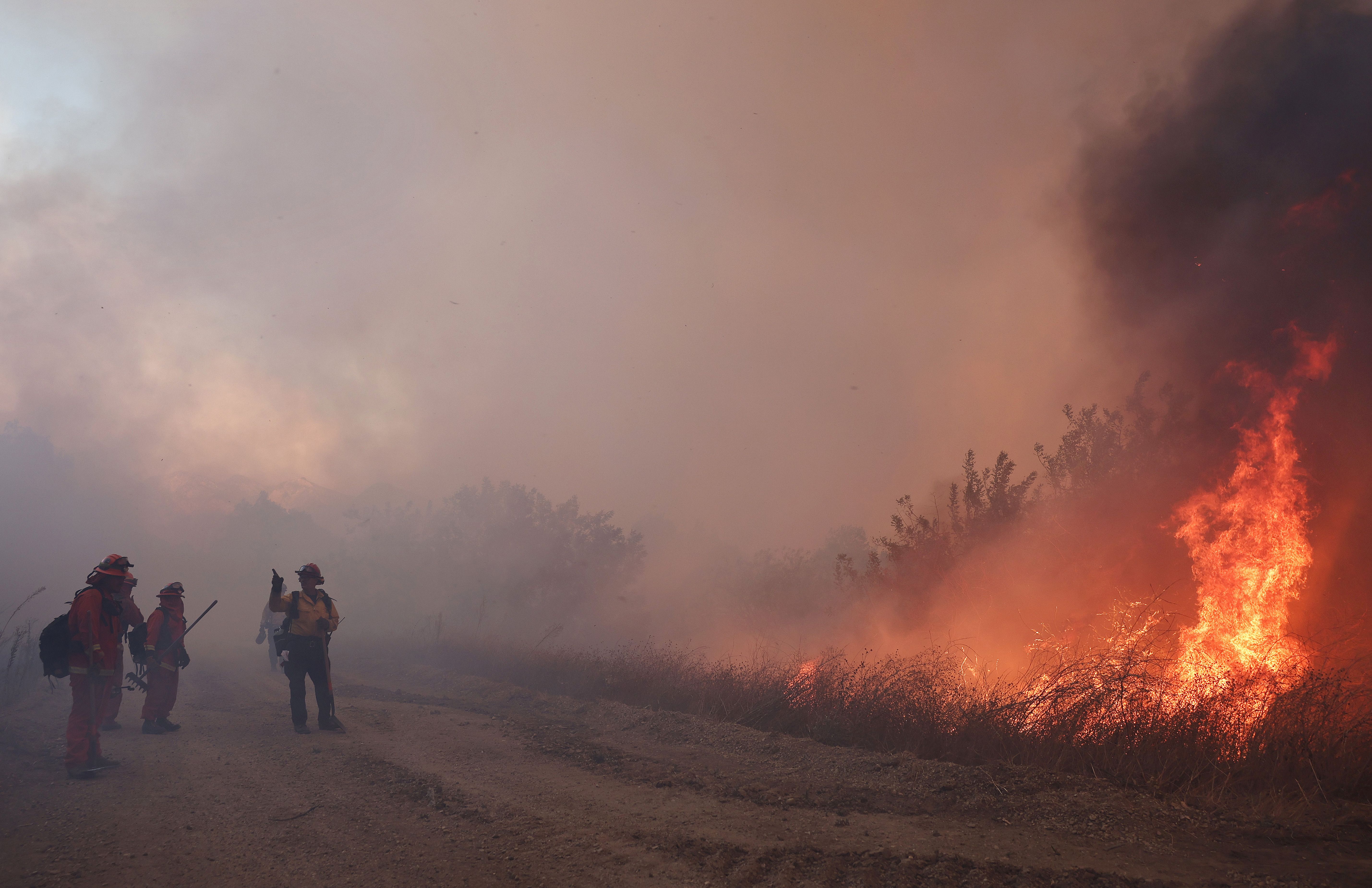  A firefighter works with inmate firefighters (L) as the Mountain Fire burns on November 7, 2024 near Moorpark, California. Fueled by strong winds, the fire has burned across more than 20,000 acres and destroyed over 50 homes since it began yesterday. 