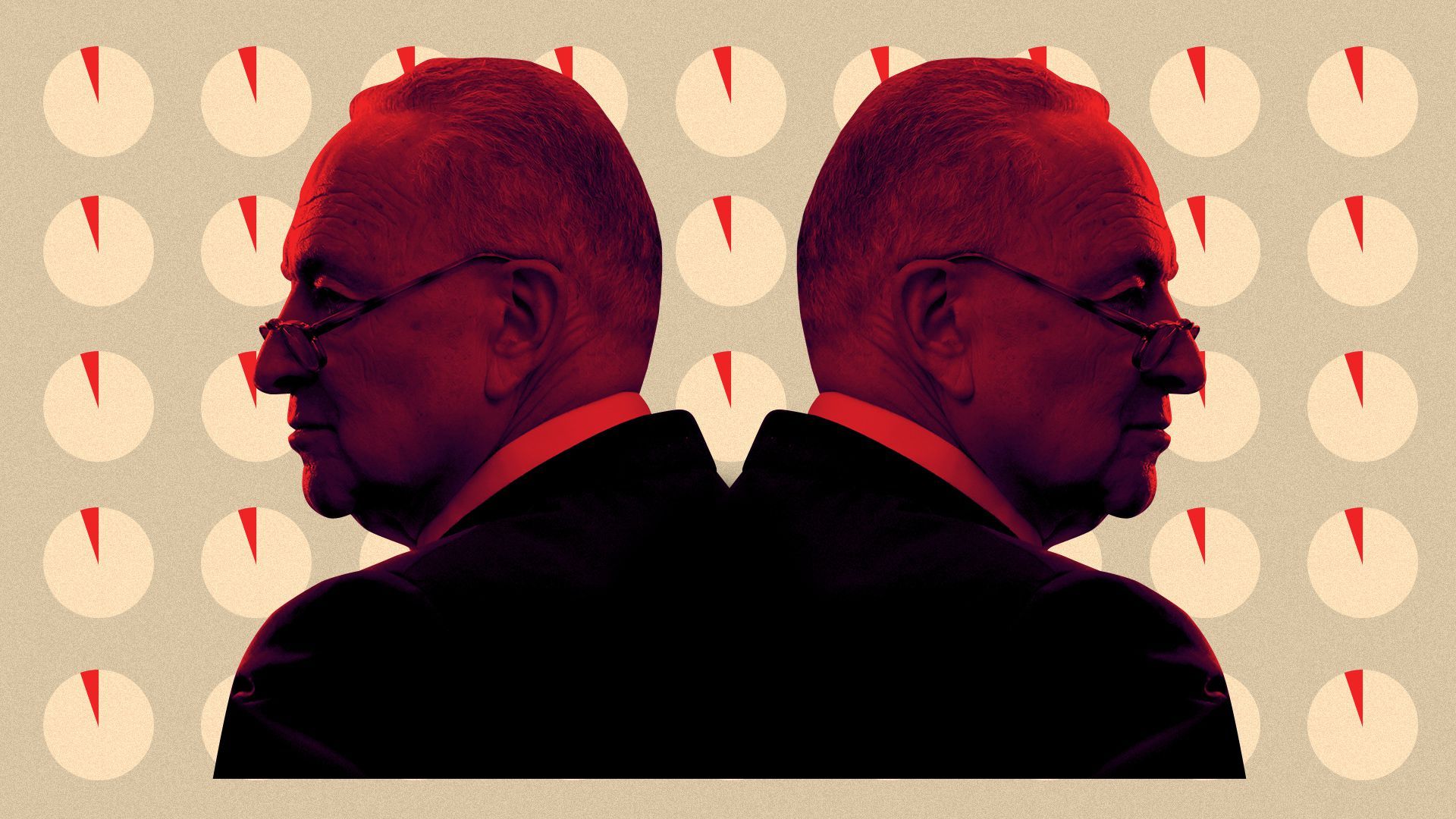 Photo illustration of Chuck Schumer in front of a wall of minimalist clocks.