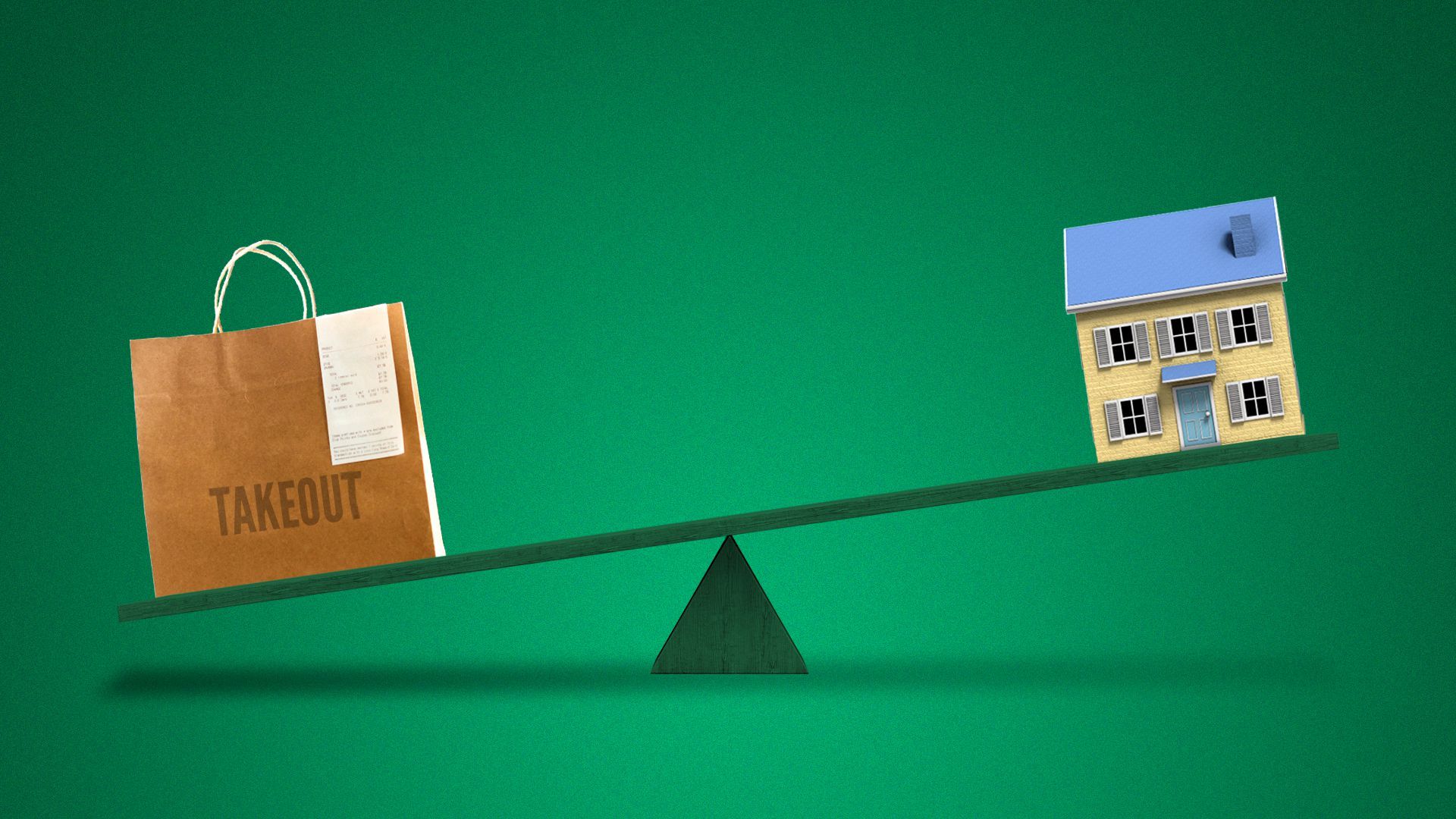 Illustration of a takeout bag and a house on a seesaw, with the house on the higher side.