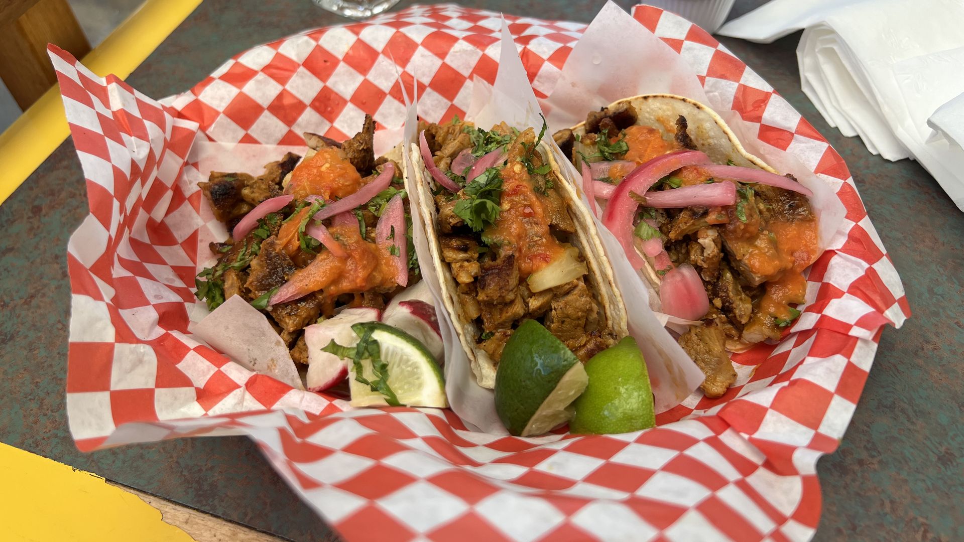 Photo of tacos al pastor from Sazon Kitchen.
