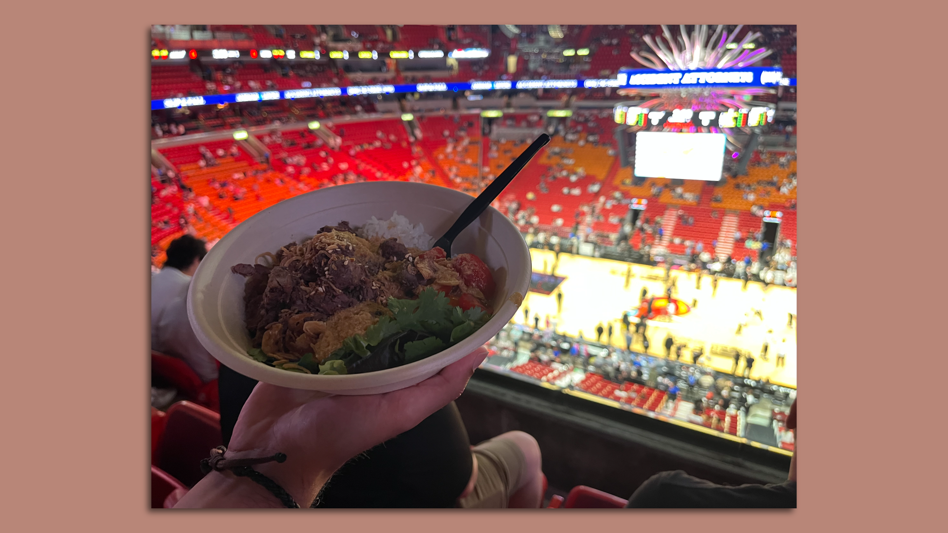 A steak bowl from Phuc Yea is pictured at the Heat game.