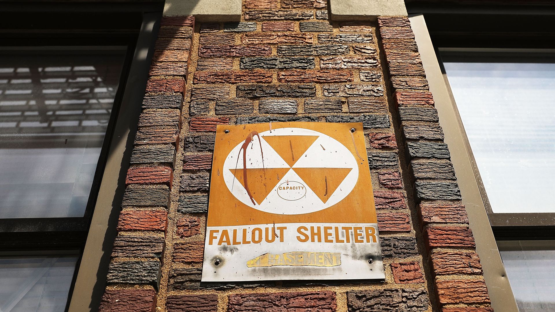 A leftover fallout shelter sign in New York City from the Cold War. 