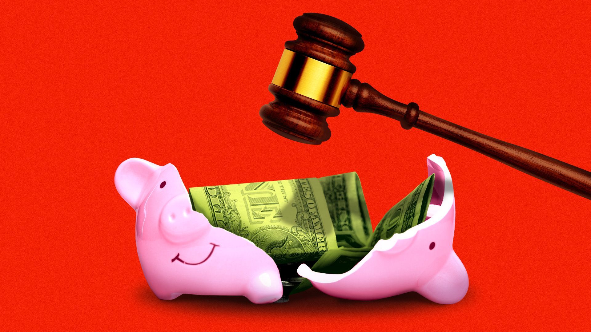 Illustration of a gavel hovering over a broken piggy bank full of money