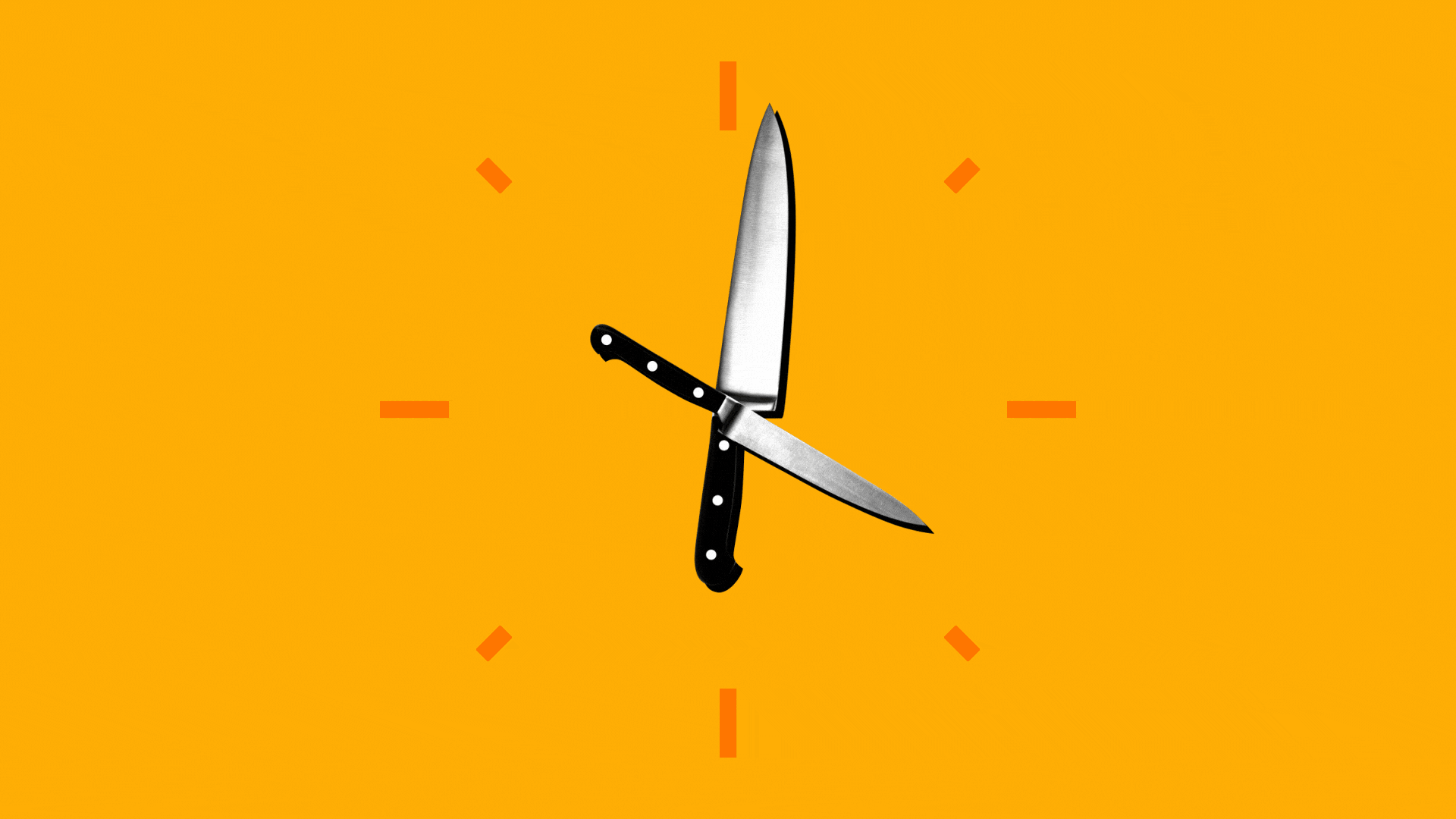 Illustration of a clock with chef's knives for hands.