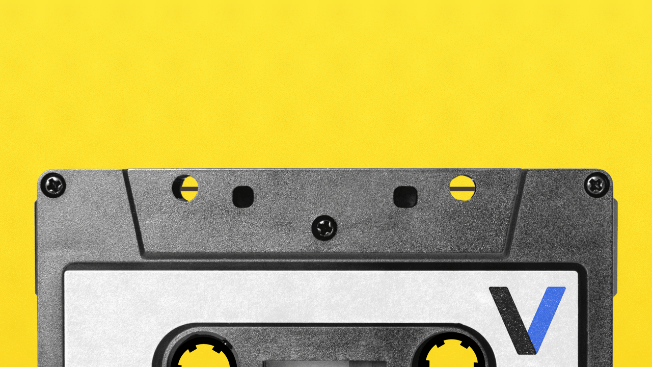 Illustration of a cassette tape with the tape unspooling to spell weekend. 