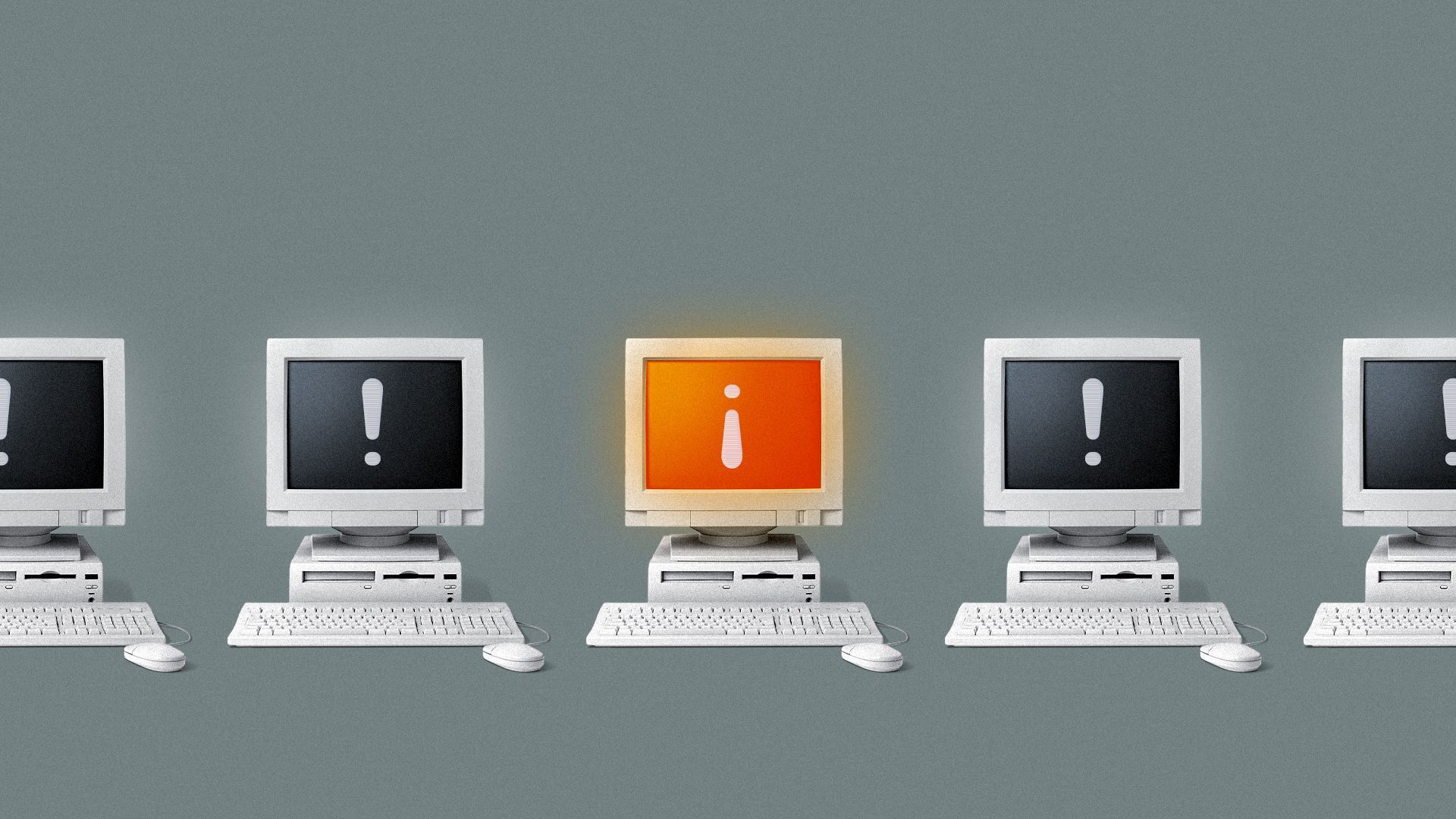 Illustration of a line of computers with exclamation marks on their screens, the one in the center has an inverted exclamation mark. 