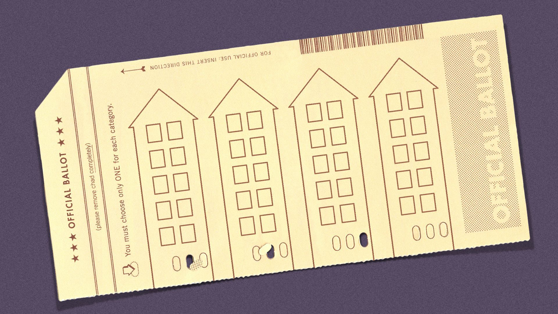 Illustration of houses replacing the boxes on a ballot. 