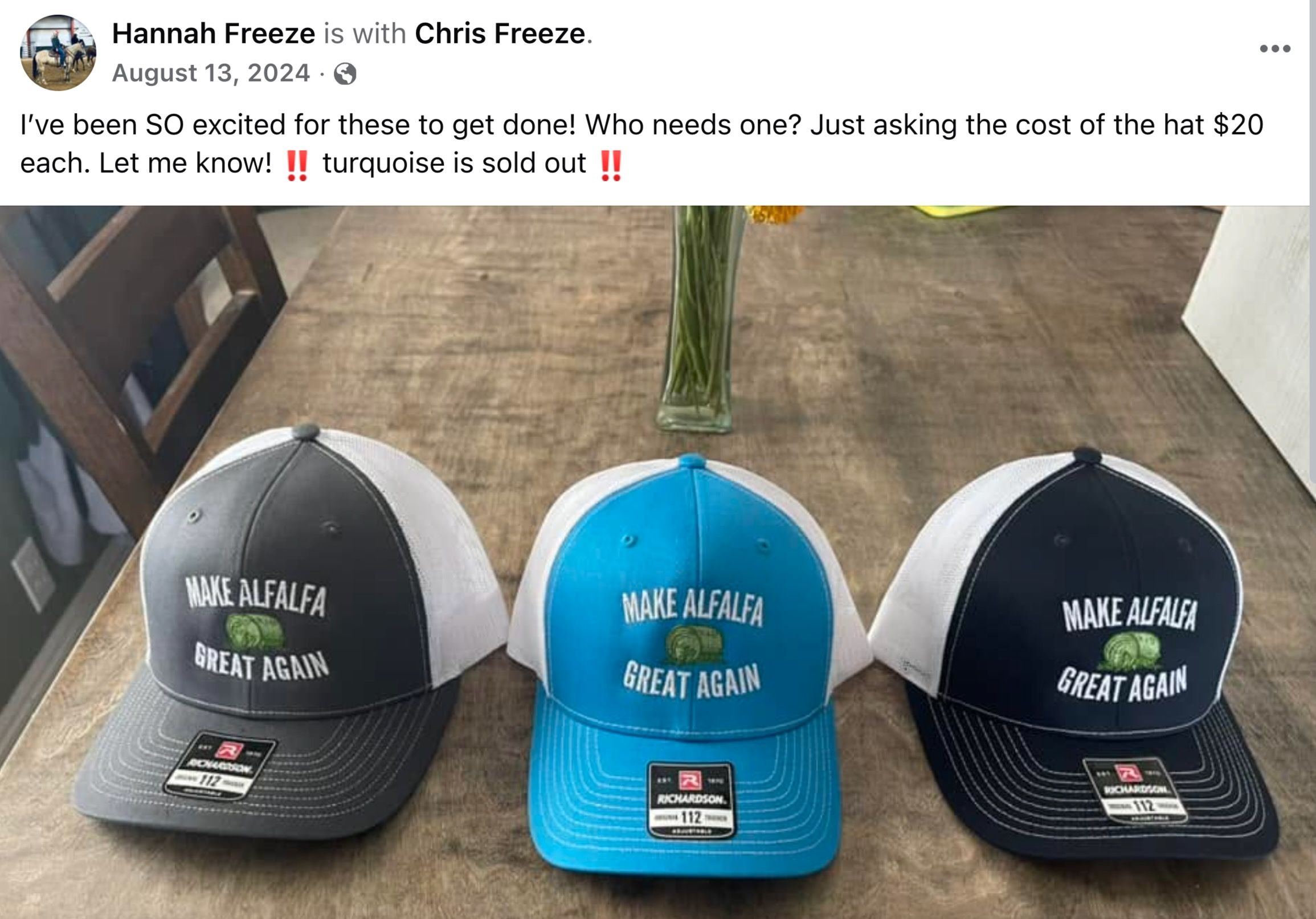 Three trucker hats that say "MAKE ALFALFA GREAT AGAIN" on a Facebook post by Hannah Freeze that states: "I've been SO excited for these to get done!"
