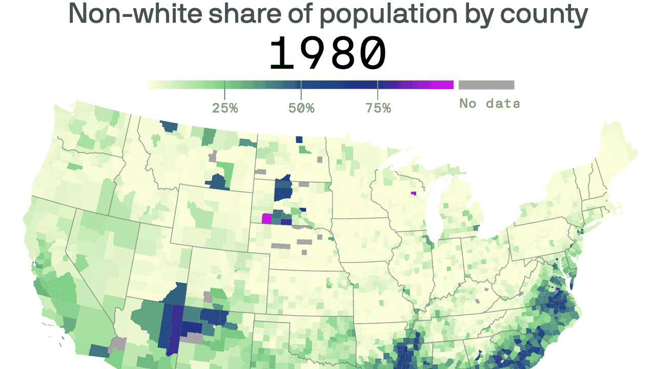 A gif of a map of the U.S. tracking non-white share of population by county over time.