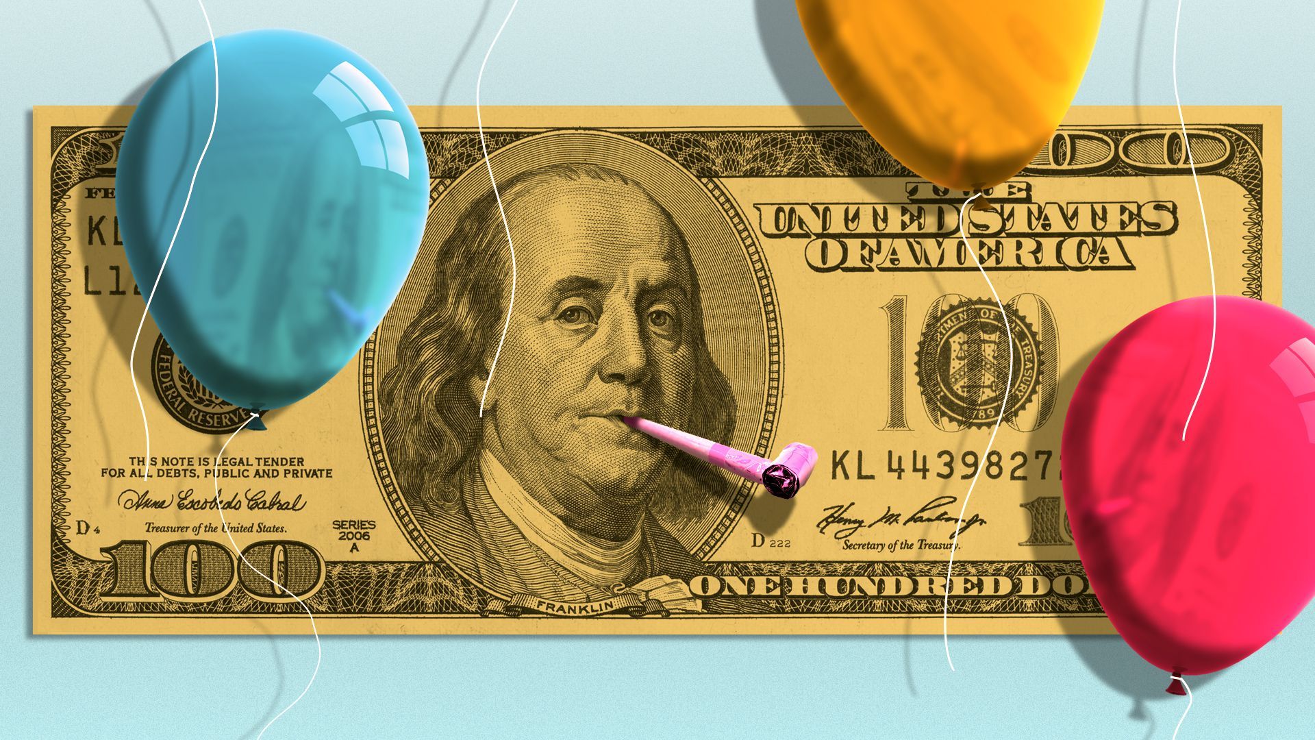 Illustration of a hundred dollar bill with a party favor and surrounded by balloons