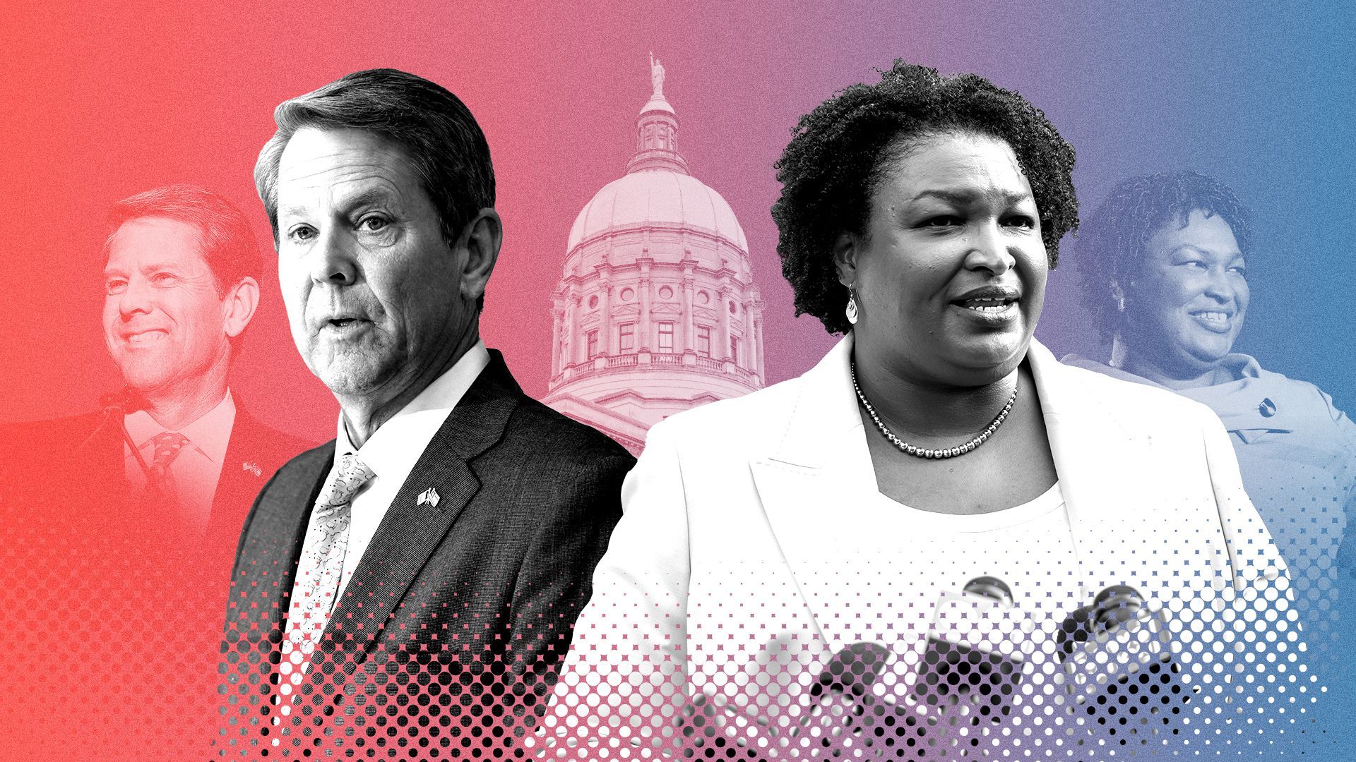 Photo illustration of two images each of Governor Brian Kemp and Stacey Abrams in front of the Georgia State Capitol.