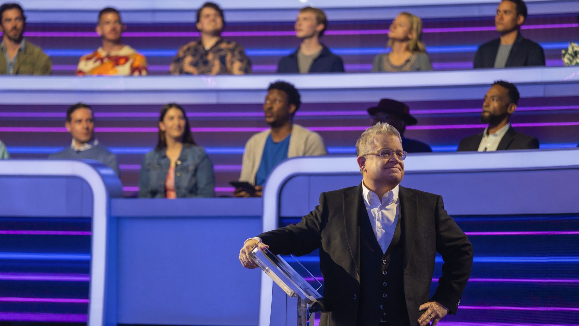 "The 1% Club" game show with host Patton Oswalt