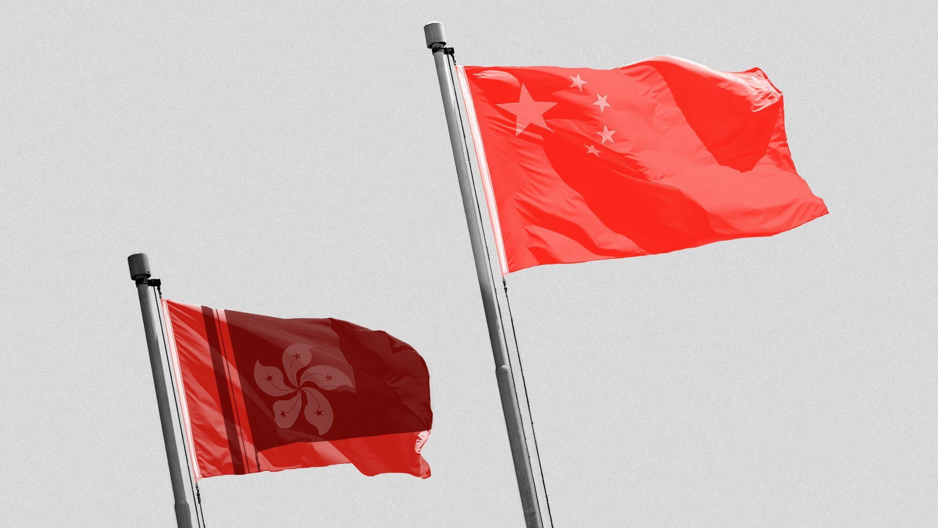 Illustration of the Chinese flag casting a shadow over the Hong Kong flag