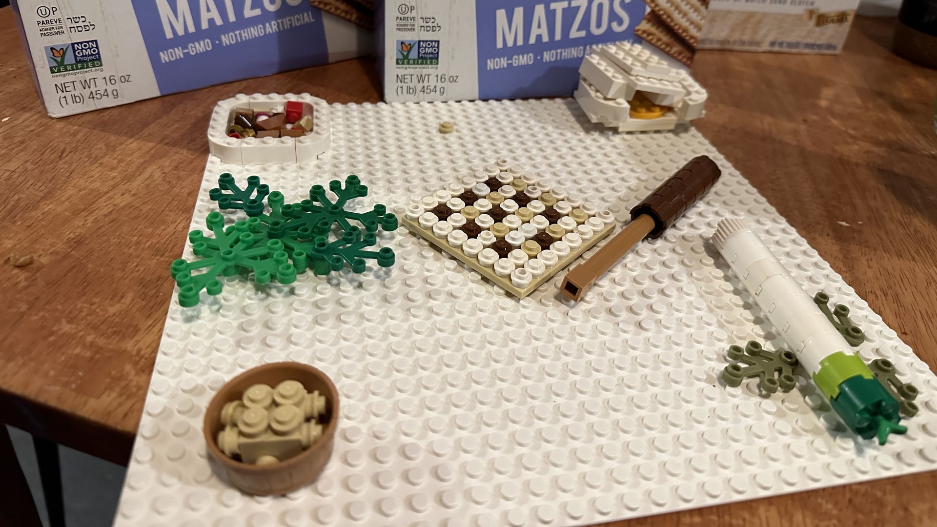 A seder plate made from Lego bricks