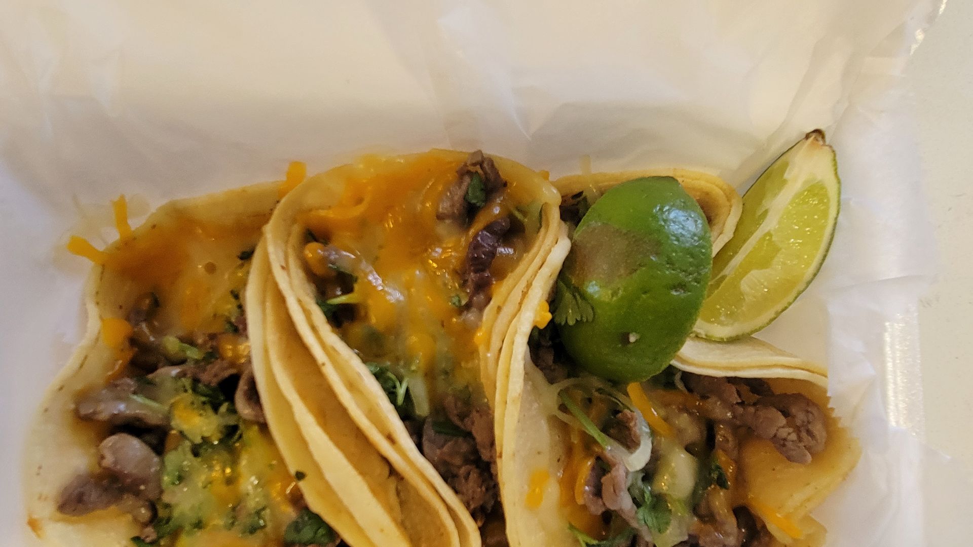 Steak tacos from Meglio Pizzeria in Newtown