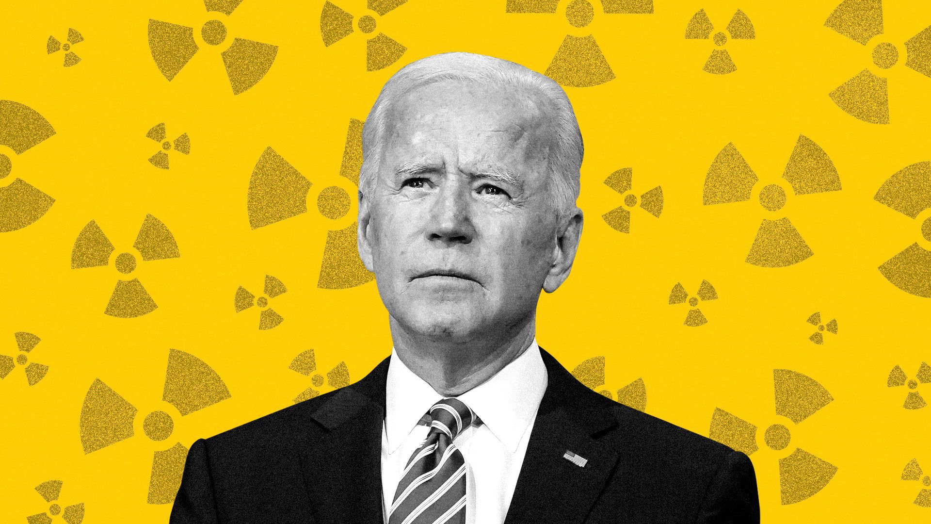 Illustration of serious looking Joseph Biden on a nuclear icon pattern
