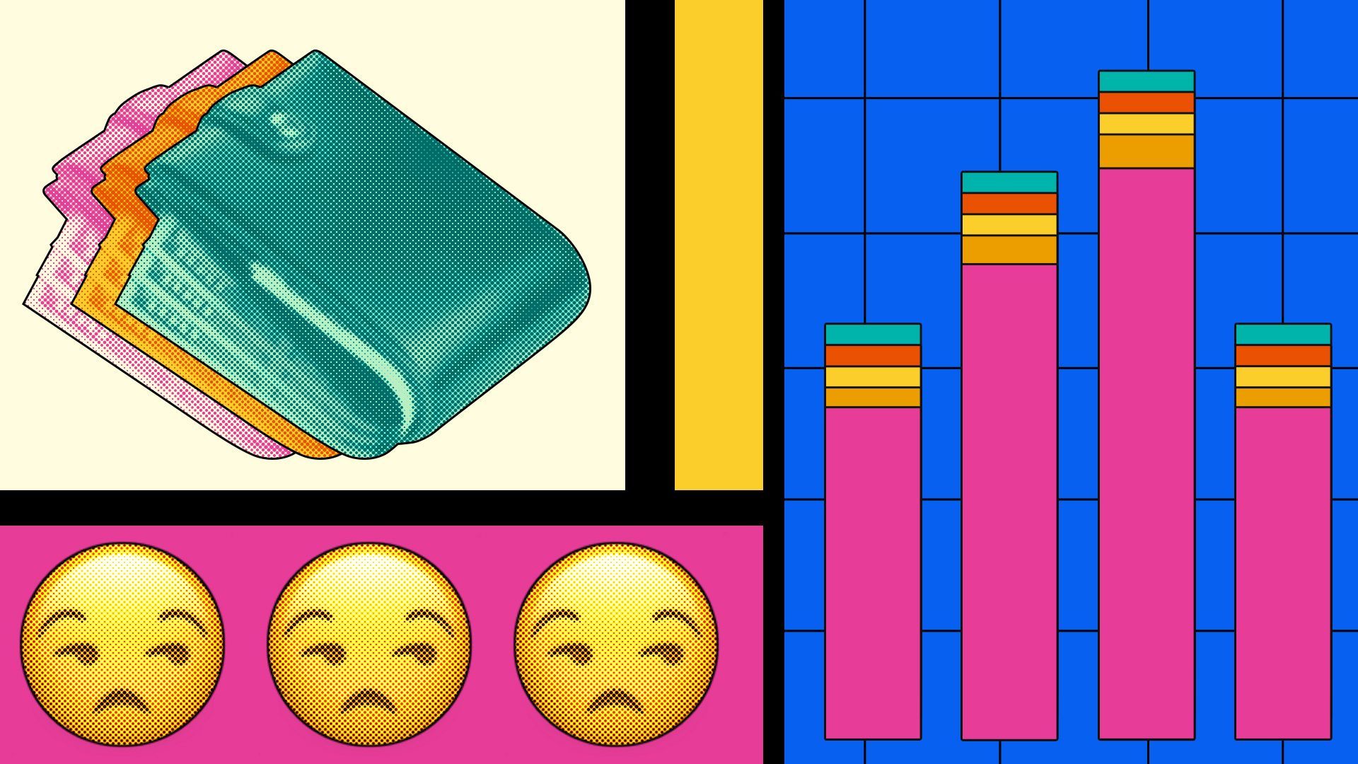 Illustration of a wallet full of dollar, an up and down bar graph, and annoyed emoji faces 