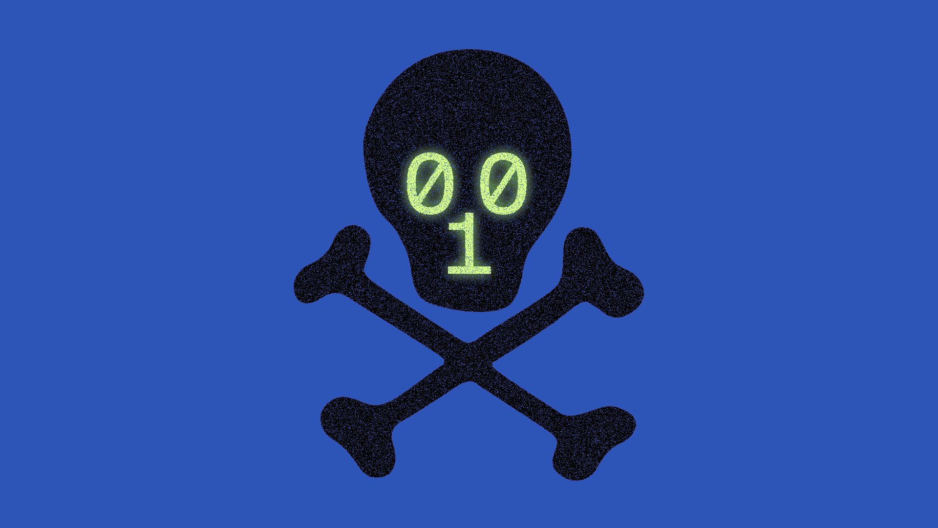 Illustration of a skull and crossbones with binary code for eye and nose sockets