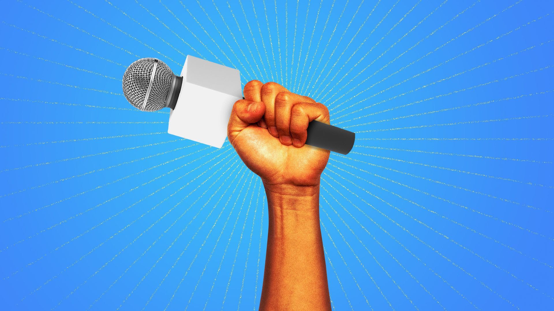 A raised hand holding a microphone