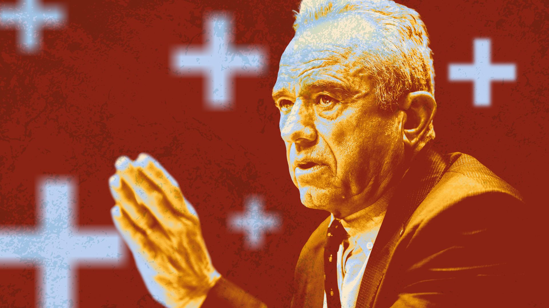 Photo illustration of HHS secretary Robert F. Kennedy Jr surrounded by medical crosses
