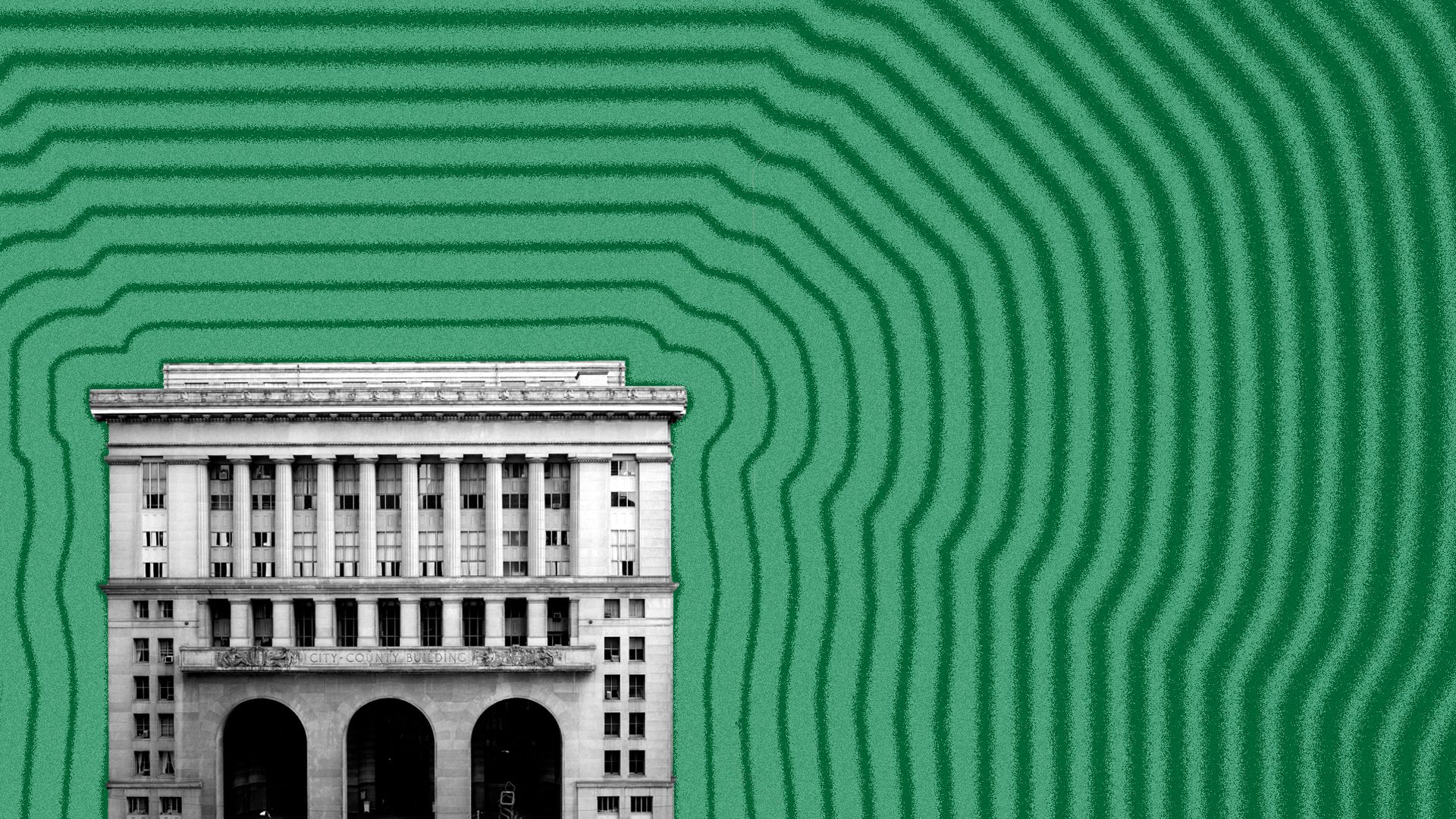 Photo illustration of the Pittsburgh City-County Building with lines radiating from it.