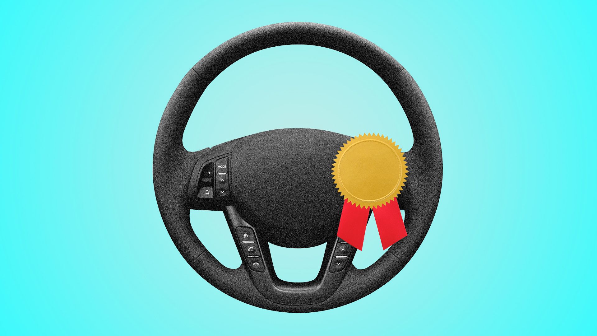 Illustration of a steering wheel with a gold medal pinned to it. 