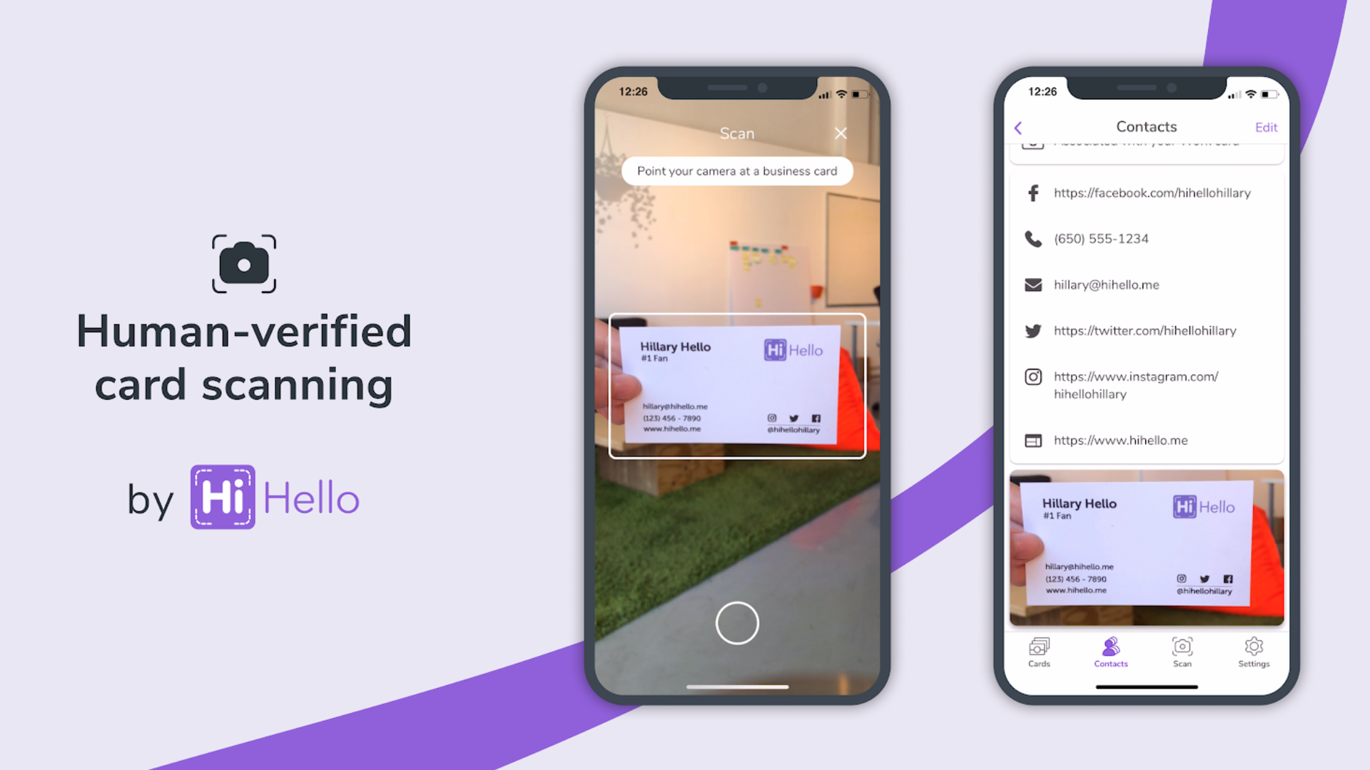 A promotional image for Hi Hello's business card-scanning feature