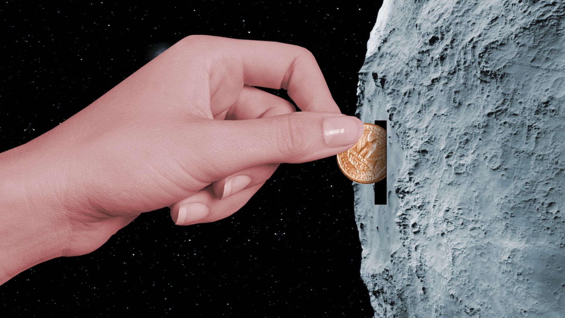 Illustration of a hand placing a quarter into the moon