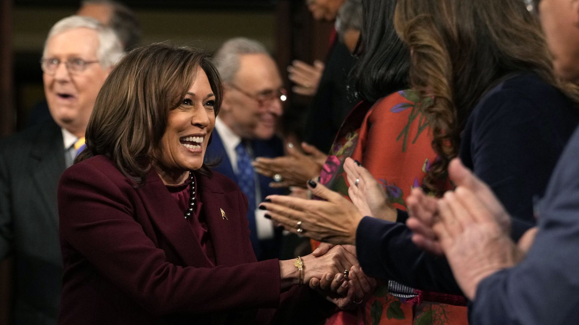 US Vice President Kamala Harris, center, arrives ahead of a State of the Union address at the US Capitol in Washington, DC, US, on Tuesday, Feb. 7, 2023.