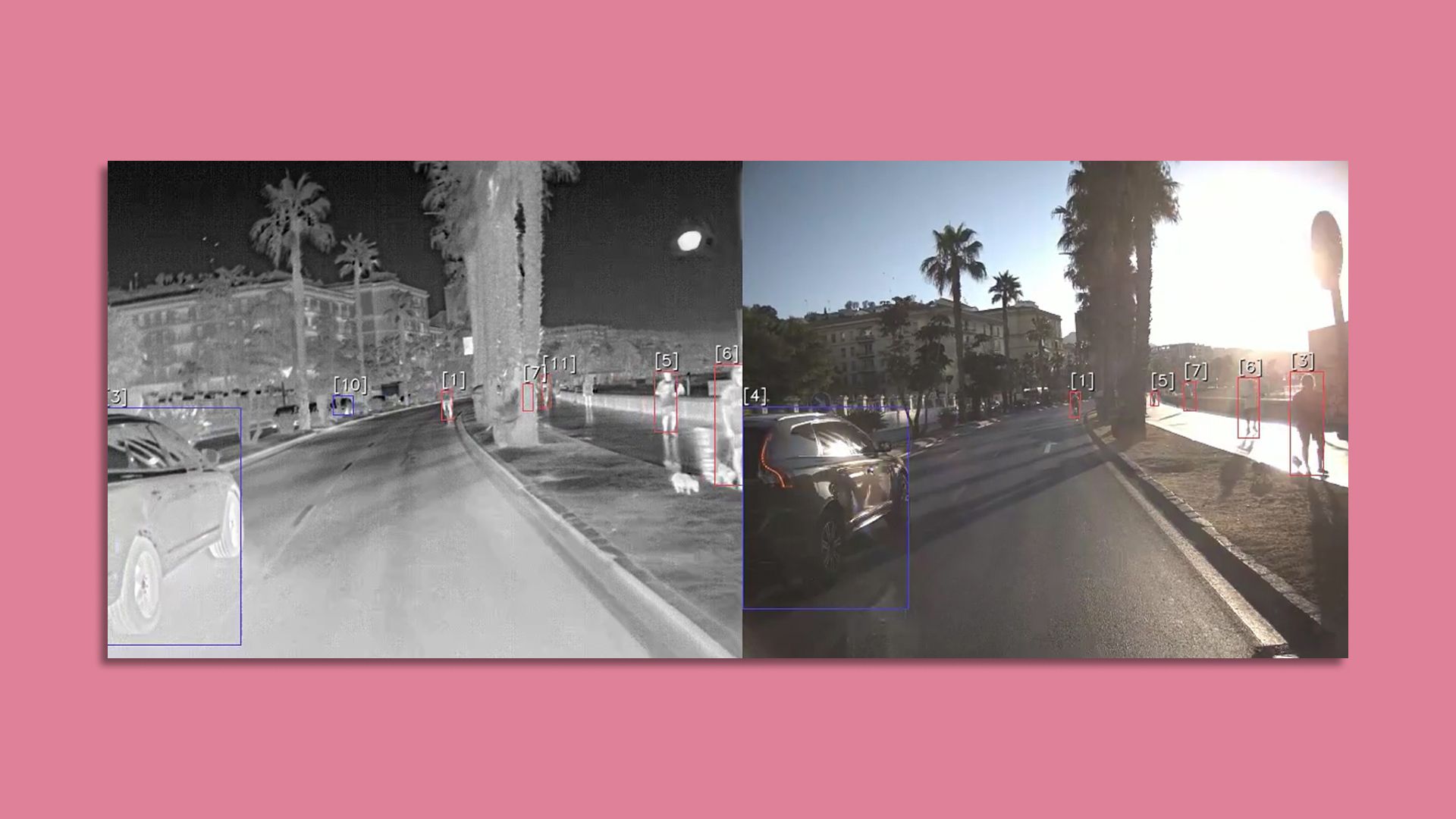 Side by side images showing how FLIR's thermal imaging technology can improve visibility for assisted-driving systems. 
