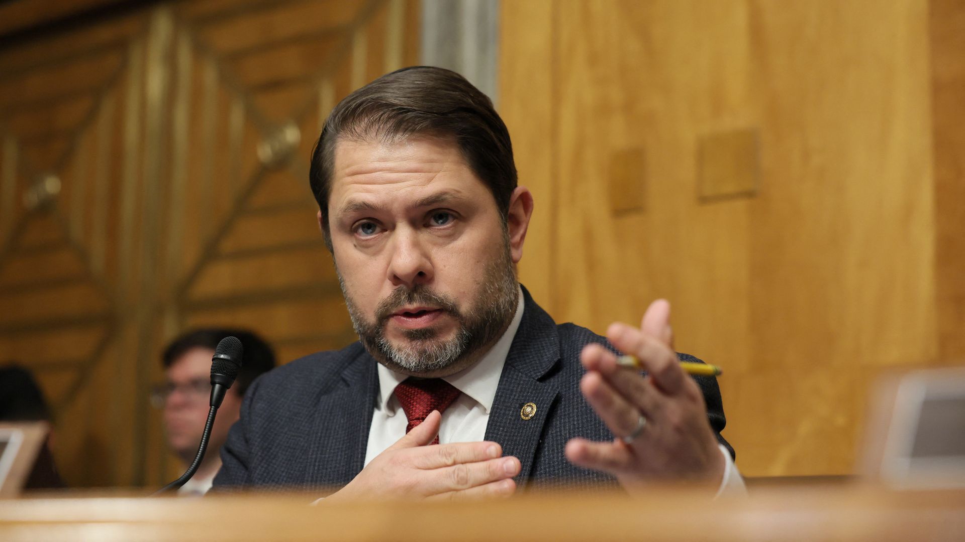 US Senator Ruben Gallego, Democrat of Arizona, questions former Office of Management and Budget (OMB) Director Russell Vought during a US Senate Homeland Security and Governmental Affairs Committee hearing on his second nomination to be OMB director, on Capitol Hill, in Washington, DC, on January 15