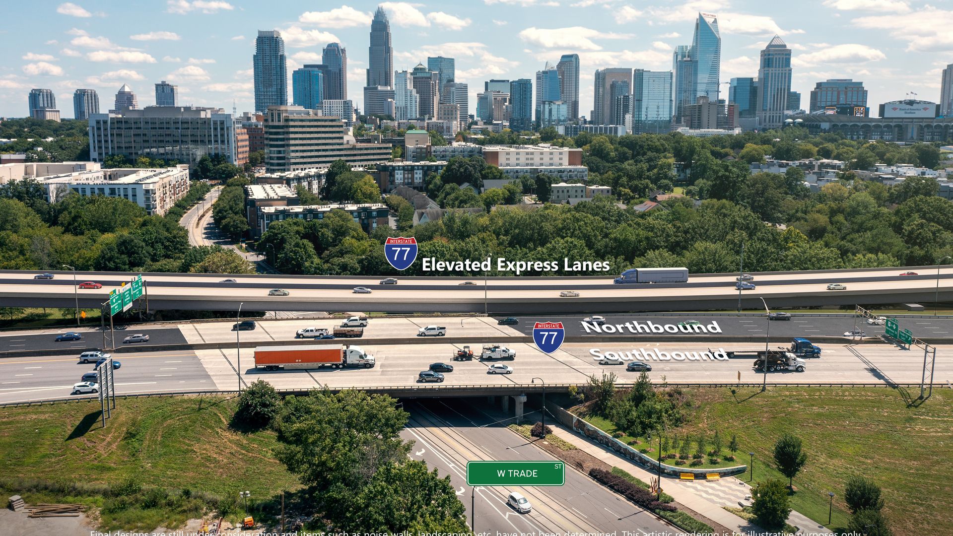 Aerial view of Charlotte skyline with Interstate 77 highway showing elevated express lanes and northbound and southbound lanes, surrounded by green trees and city buildings under a blue sky.
