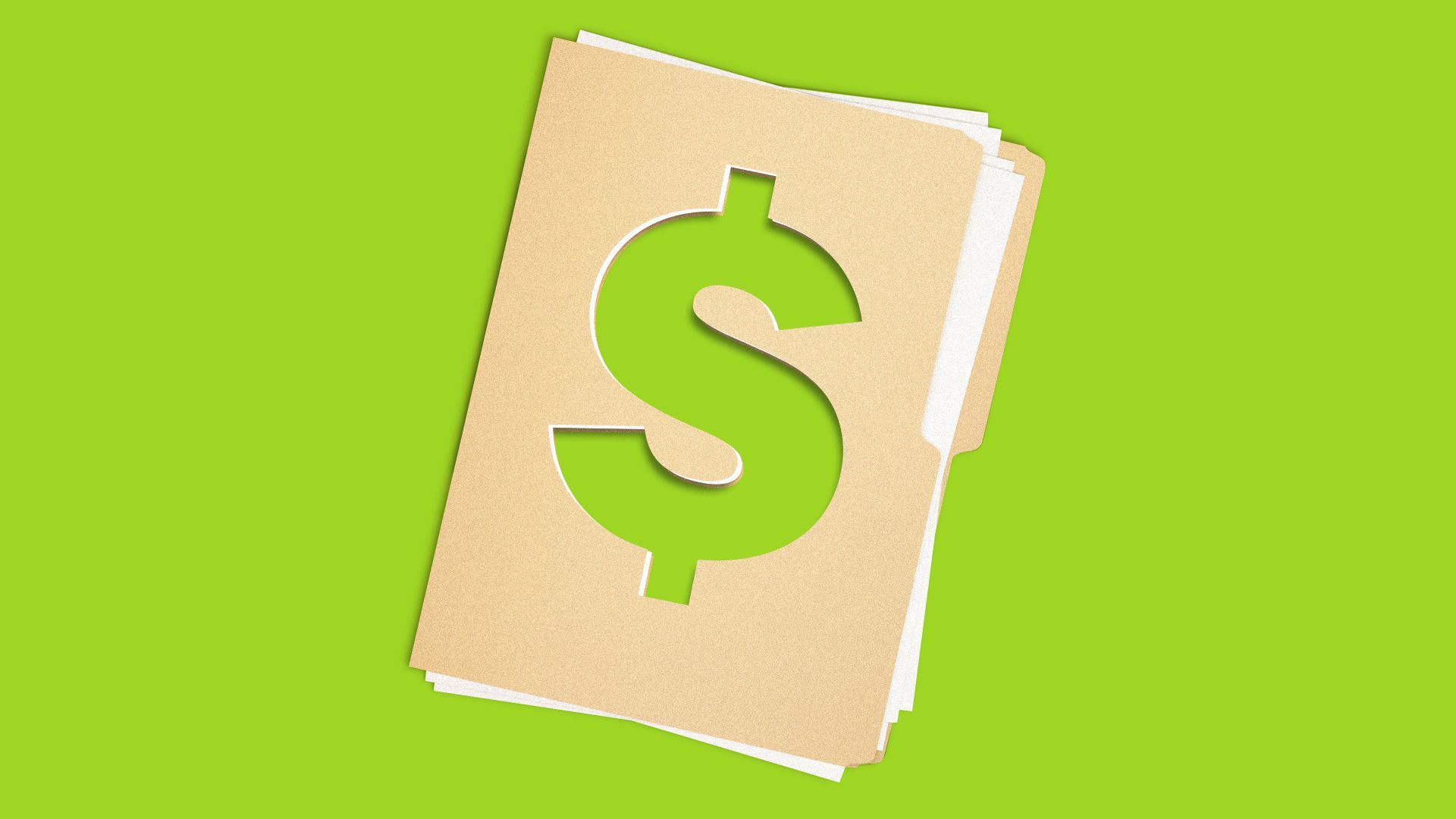 Illustration of a folder with a dollar bill sign cut out of it.