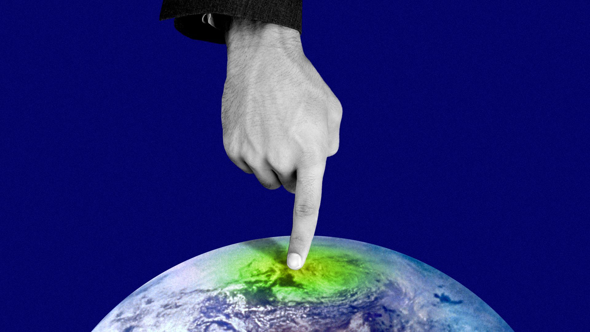 Illustration of a hand pressing a spot on the planet, turning it green