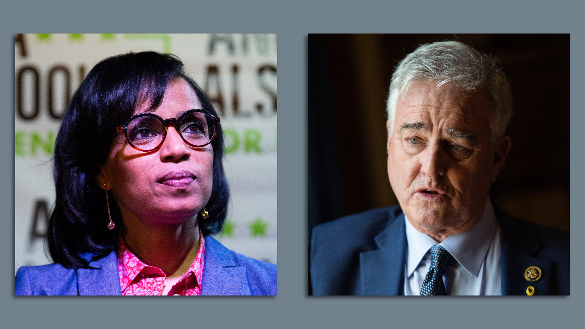 Left: Prince George's County Executive Angela Alsobrooks, wearing a blue blazer, pink blouse and glasses, standing in front of a white backdrop with her name on it. Right: Rep. David Trone, wearing a dark blue suit, light blue shirt and blue tie.