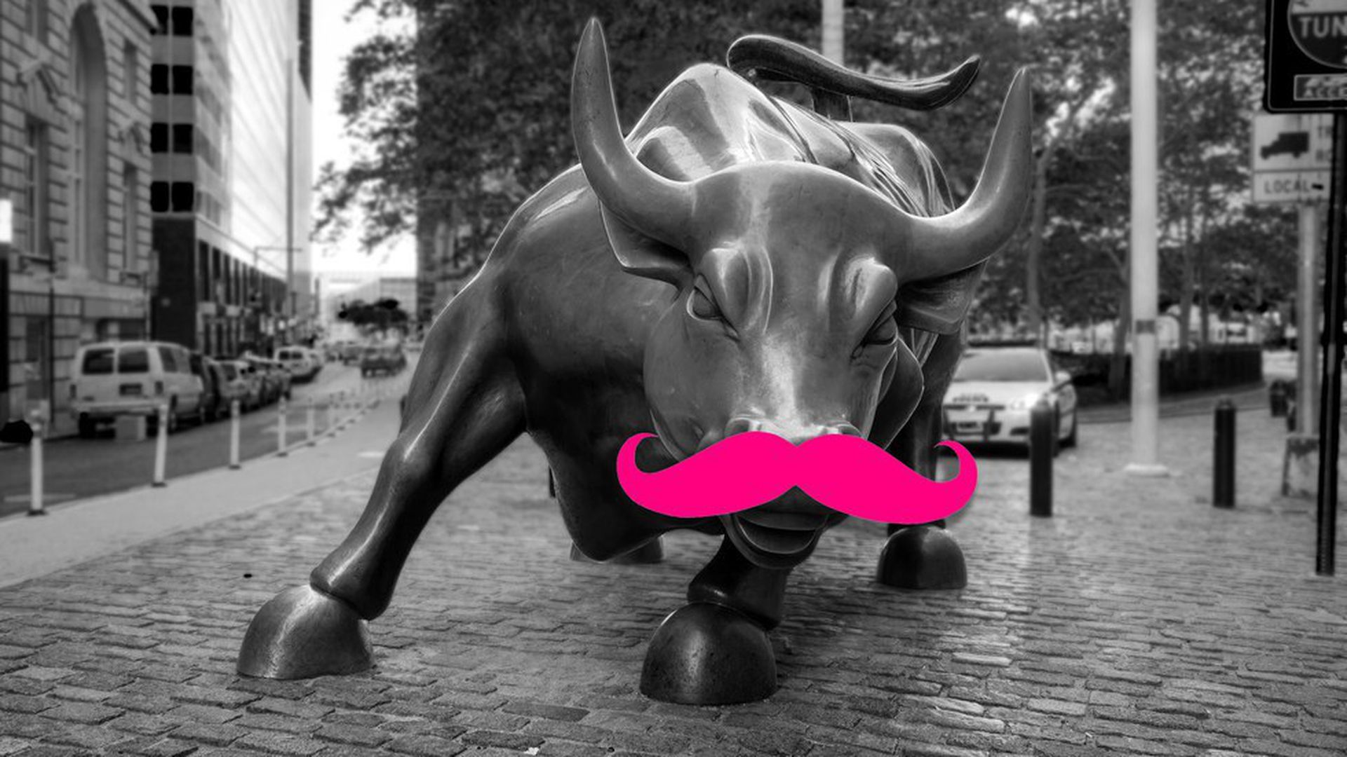 Stock market bull with a hot pink mustache on it